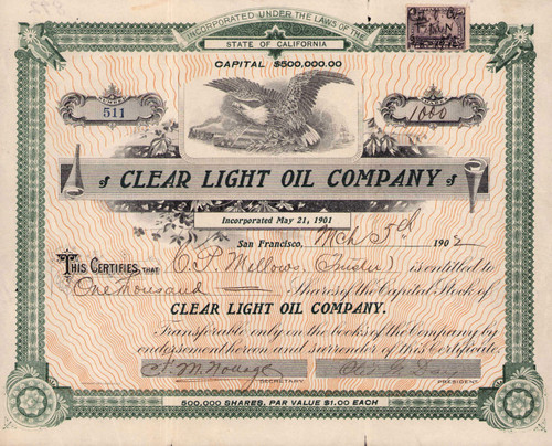 Clear Light Oil Company stock certificate 1902 (California)