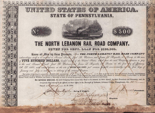 North Lebanon Railroad Company $500 bond certificate 1854 (Pennsylvania)