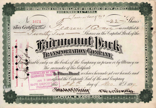 Fairmount Park Transportation Company stock certificate 1899 (Philadelphia PA)