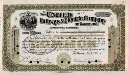 United Railways & Electric Company of Baltimore stock certificate 1899 (Maryland)