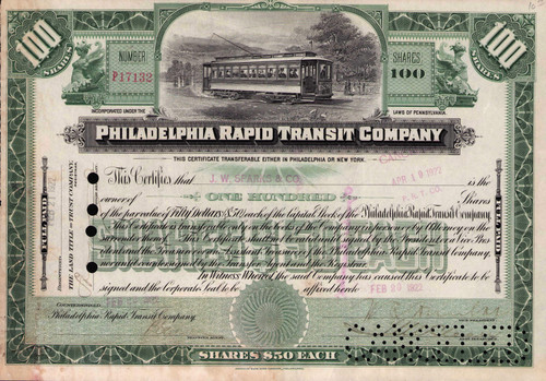 Philadelphia Rapid Transit Company stock certificate 1920s (Pennsylvania)  - green 100 shares