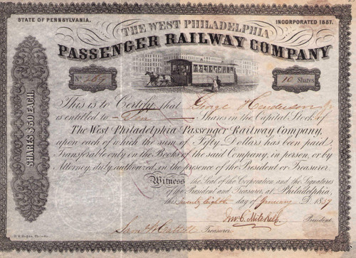 West Philadelphia Passenger Railway Company stock certificate 1859 (Pennsylvania) 