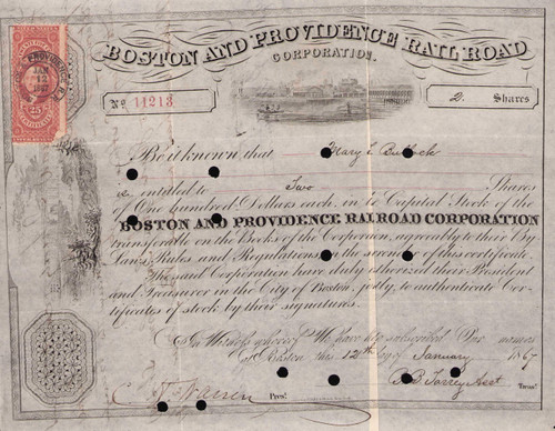 Boston and Providence Rail Road Corporation stock certificate 1867 (Massachusetts) - rare misprint