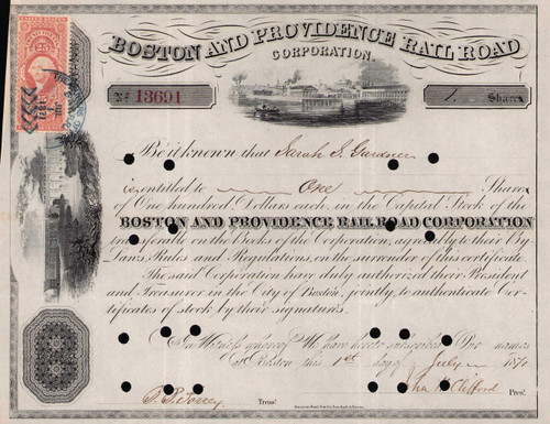 Boston and Providence Rail Road Corporation stock certificate 1871 (Massachusetts)