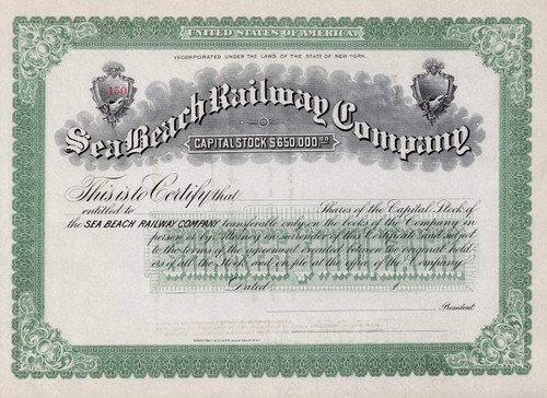 Sea Beach Railway Company stock certificate c1896 (New York)  - Brooklyn to Coney Island