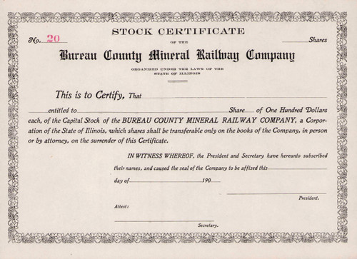 Bureau County Mineral Railway Company stock certificate c1904 (Illinois) 