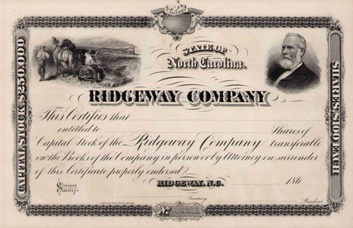 Ridgeway Company stock certificate c1868 (North Carolina)