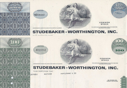Studebaker-Worthington stock certificate set of 2 colors - green ,blue