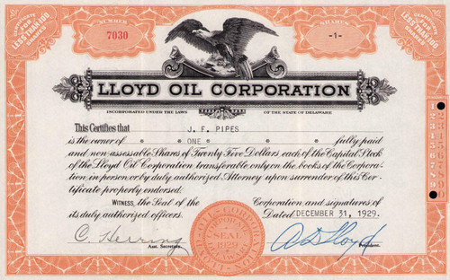 Lloyd Oil Corporation stock certificate 1929 (Texas)