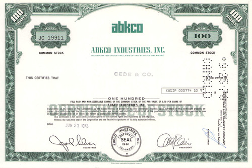ABKCO Industries stock certificate 1973 (managed The Beatles and Rolling Stones) - green 100 shares