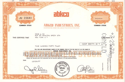 ABKCO Industries stock certificate 1977 (managed The Beatles and Rolling Stones) - orange cert