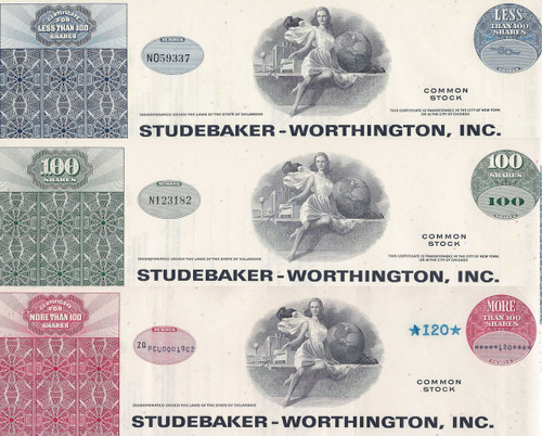 Studebaker-Worthington stock certificate set of 3 colors