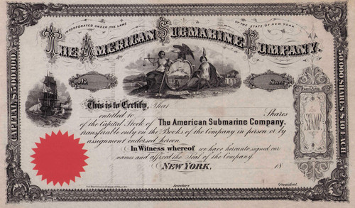 American Submarine Company stock certificate c1864 (New York) - Civil War submersible