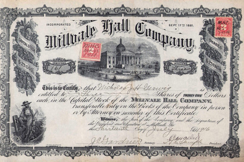 Millvale Hall Company stock certificate 1919 (Pennsylvania) 