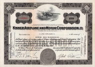 Kinner Airplane and Motor Corporation stock certificate 1937 (California)