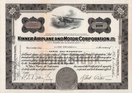 Kinner Airplane and Motor Corporation stock certificate 1937 (California)