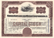 Kinner Airplane and Motor Corporation stock certificate 1932 (California) - brown