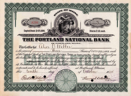 Portland National Bank stock certificate 1928 (Maine)