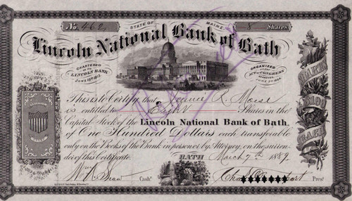 Lincoln National Bank of Bath stock certificate 1889 (Maine)

