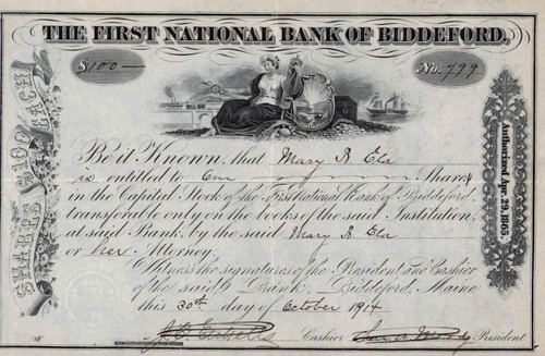 First National Bank of Biddeford stock certificate 1914 (Maine)