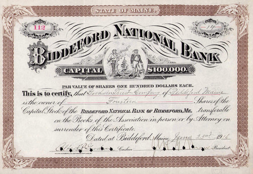 Biddeford National Bank stock certificate 1916 (Maine)