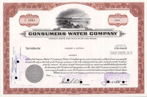 Consumers Waters Company stock certificate 1972 (Maine)
