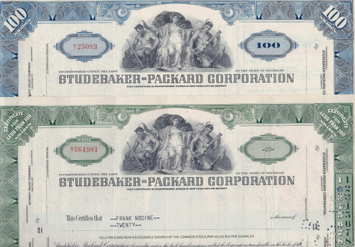 Studebaker Packard 50's set of 2 stock certificate colors