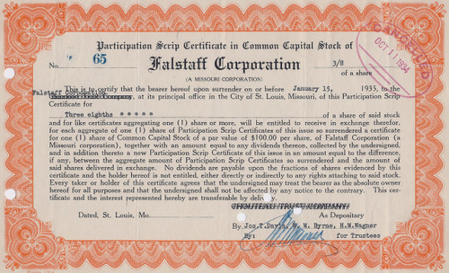 Falstaff Corporation Scrip 1934 certificate