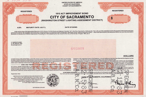 City of Sacramento bond certificate specimen c1983 (California)

