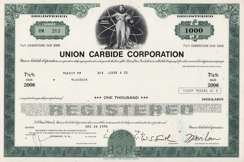Union Carbide $1000 bond certificate 1976 (New York)