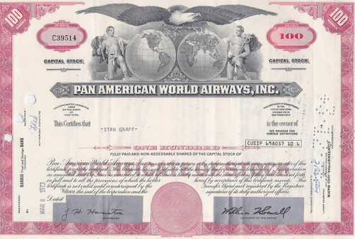 Pan American World Airways stock certificate - red