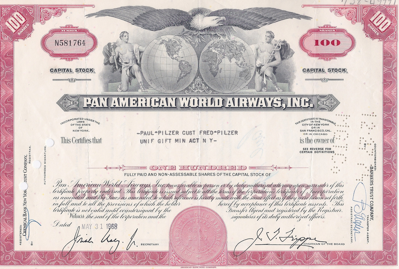 Pan American World Airways Inc Stock Certificate 