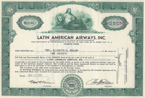 Latin American Airways, Inc stock certificate 1946