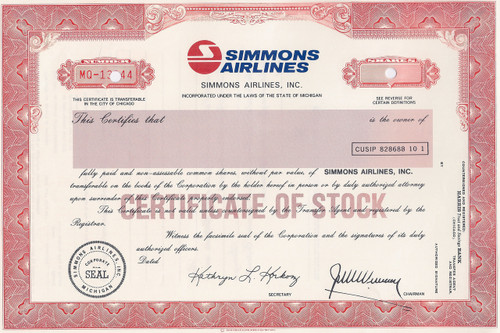 Simmons Airlines, Inc. specimen stock certificate