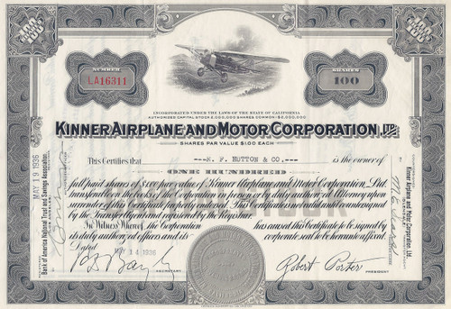Kinner Airplane and Motor Corporation 1936 stock certificate 