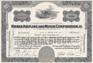 Kinner Airplane and Motor Corporation stock certificate 1936 (California)