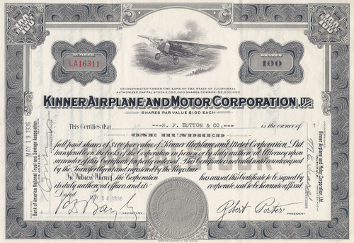 Kinner Airplane and Motor Corporation stock certificate 1936 (California)