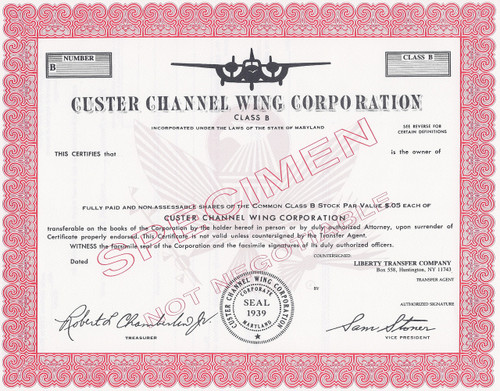 Custer Channel Wing Corporation 1960's stock certificate