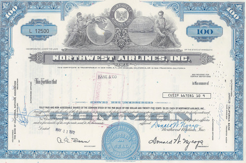 Northwest Airlines, Inc 1972 stock certificate