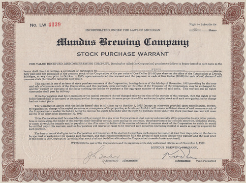 Mundus Brewing Company 1932 stock purchase warrant certificate