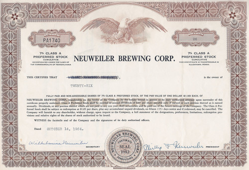 Neuweiler Brewing Corp stock certificate 1964