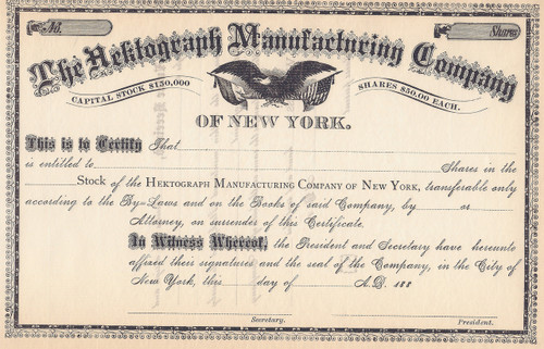 Hektograph Manufacturing Company stock certificate 1880's