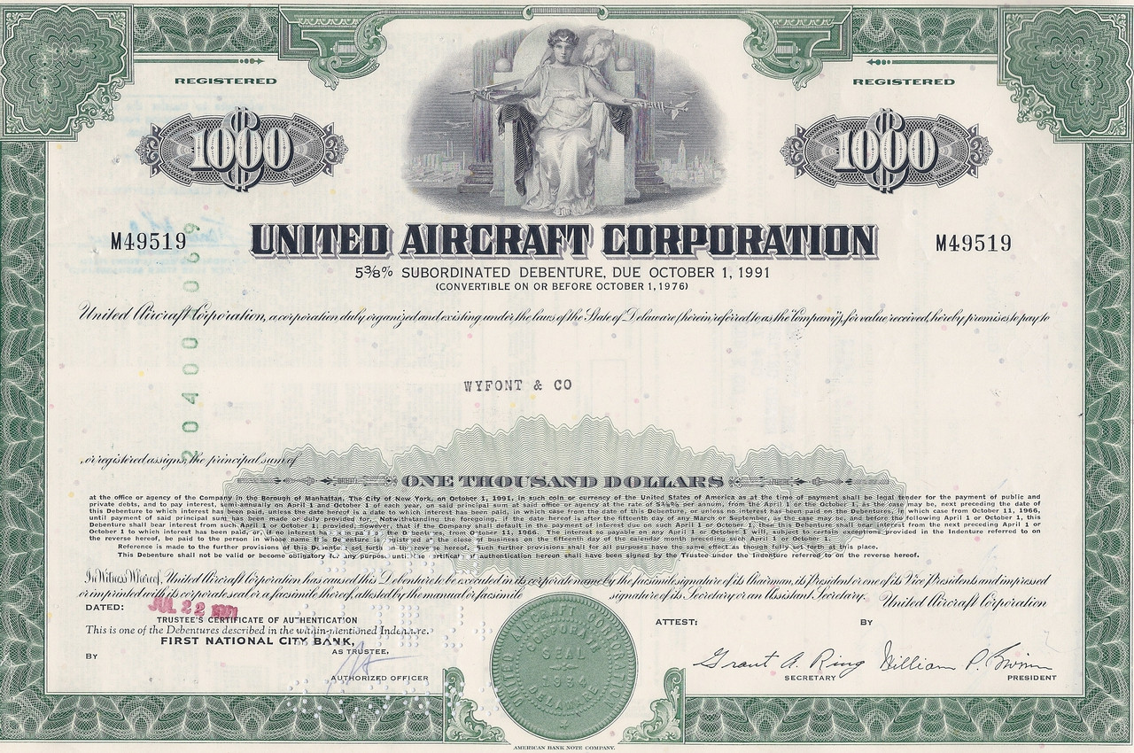 UNITED AIRCRAFT CORP now UT / UNITED  TECHNOLOGIES old bond certificate 