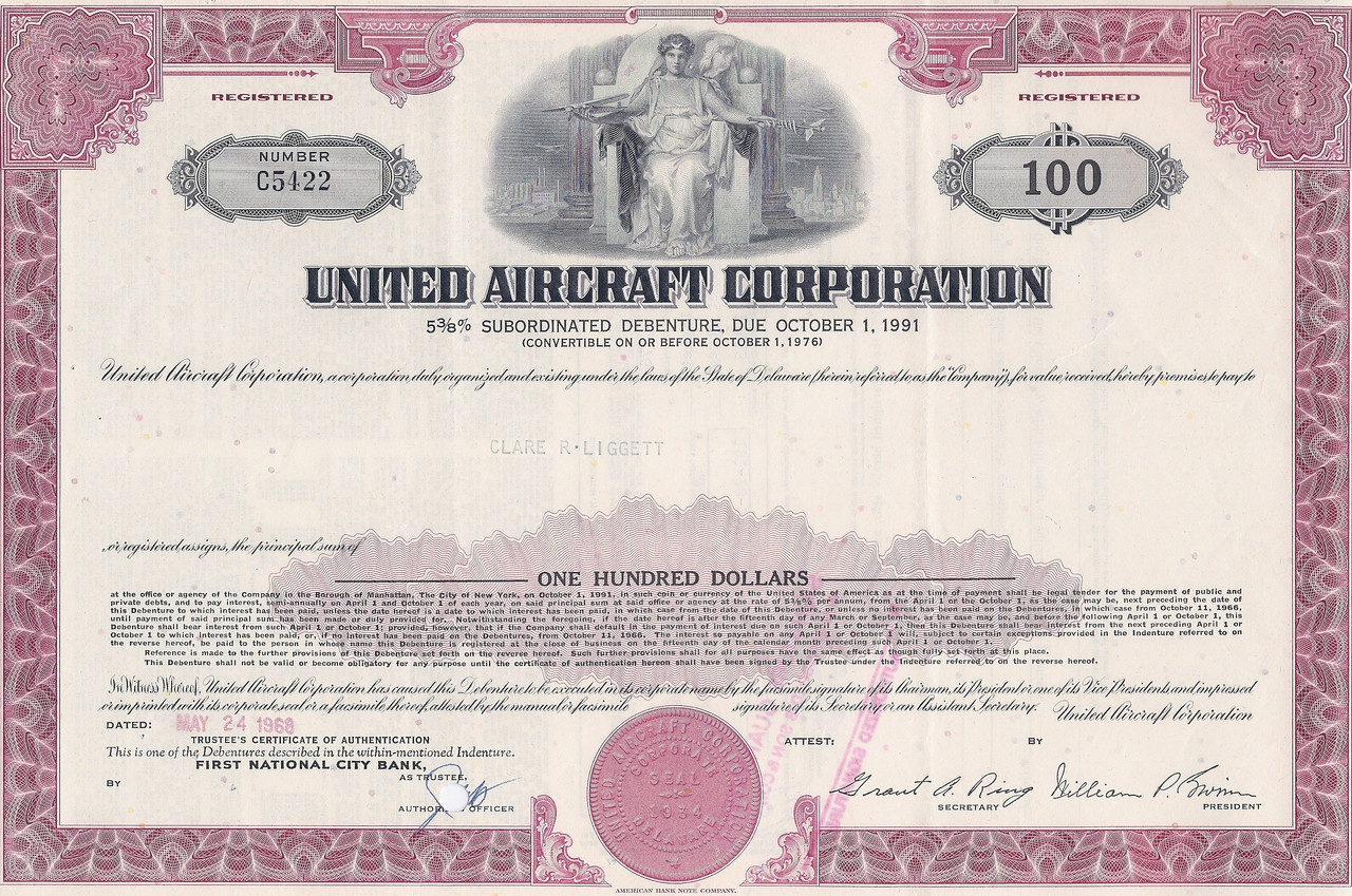 UNITED AIRCRAFT CORP now UT // UNITED  TECHNOLOGIES old bond certificate