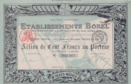 Etablissements Borel (France) bond 1918 certificate
