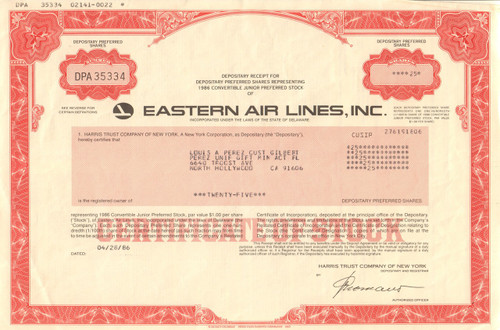 Eastern Air Lines, Inc.1986 stock certificate - red