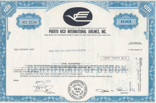 Puerto Rico International Airlines 1972 stock certificate