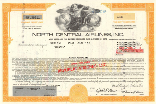 North Central Airlines 1979 stock warrant certificate