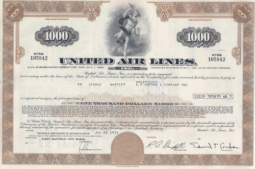 United Air Lines 1970's bond certificate - gold 