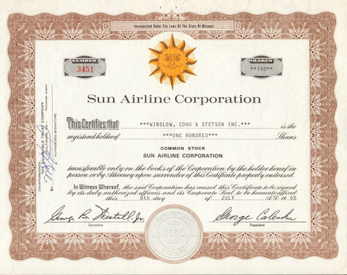 Sun Airline Corporation 1968 stock certificate